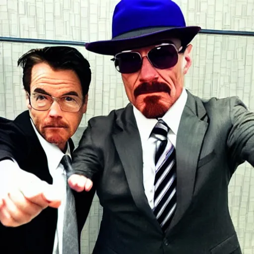 Image similar to walter white doing a selfie with phoenix wright, realistic, cool, nice, beautiful