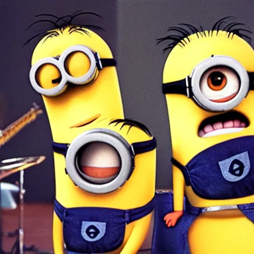 Prompt: Minions playing in a jazz band, 80s photography