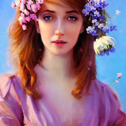 Image similar to a portrait of a romantic woman with flowers grow out of hair, roses peonies forget-me-nots dahlias lupins gladioli, sky theme in background, by Alexandr Averin, Digital Art, Trending on artstation