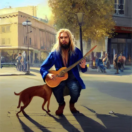 Prompt: oil painting of a young man with long hair blond and a beard hippie style with his golden retrever dog playing guitar in the square for money, people watching around, by greg rutkowski, artstation