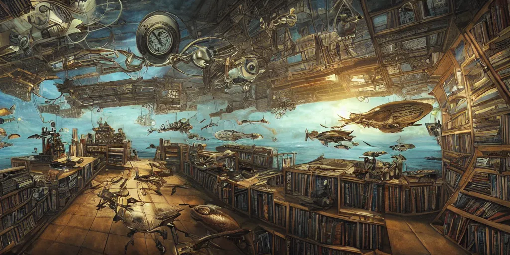 Prompt: cyborg fly in sky steampunk oceanographer study, maps crowding the walls, bookshelves, paintings of ocean topography, sonar equipment, marine biologist lab, bookshelves, incandescent lighting, unreal engine, bibliopunk