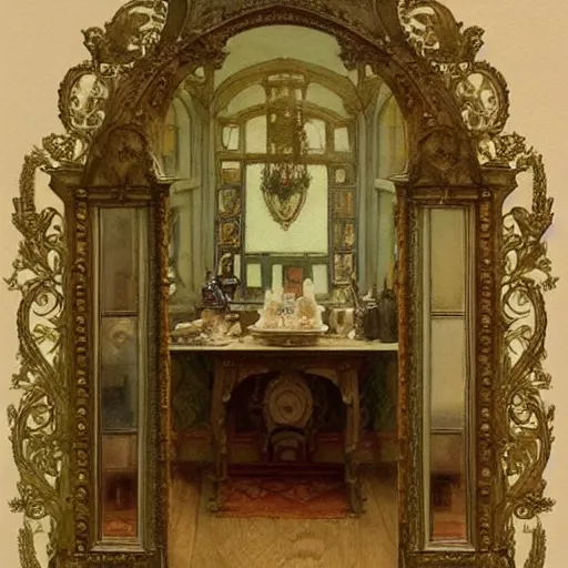 Image similar to a beautifull intricate watercolour painting of a victorian room with mirror, reflexions, verry high details by william turner art, greg rutkowski and alphonse mucha, trending on artstation, very very detailed, masterpiece, - h 7 0 4