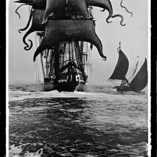 Prompt: an impossibly huge pirate ship, being attacked by a kraken, giant tentacles. 1930s photograph