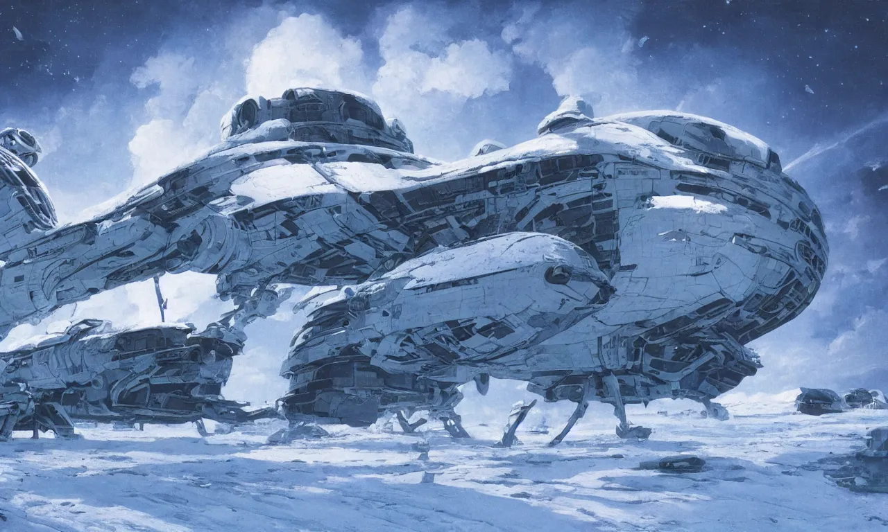 Image similar to remains of a derelict spaceship covered in snow on a frozen alien world, science-fiction, cinematic lighting, cinematic angle, Syd Mead, Federico Pelat, daylight, blue sky, spaceship in the sky