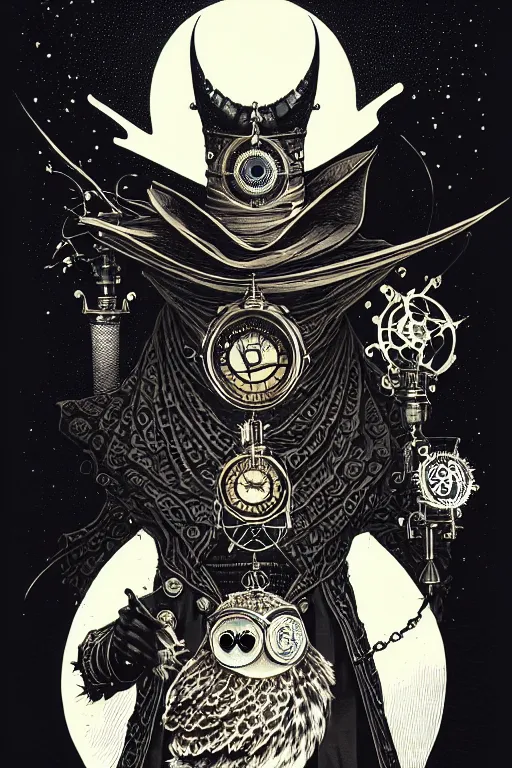 Image similar to a majestic steampunk alchemists cloaked wizard holding his pet owl, high details, bold line art, by vincent di fate and joe fenton, inking, etching, screen print, masterpiece, trending on artstation, sharp, high contrast, hyper - detailed,, hd, 4 k, 8 k