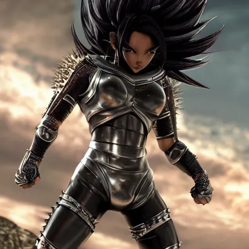 Image similar to warrior girl, muscular girl, wild spiky black saiyan hair, long spiky hair, electrified hair, wearing chrome silver armor and black spandex pants, ultra realistic, intricate details, highly detailed, subsurface scattering, photorealistic, octane render, 8 k, art by artgerm, greg rutkowski, magali villeneuve, alphonse mucha