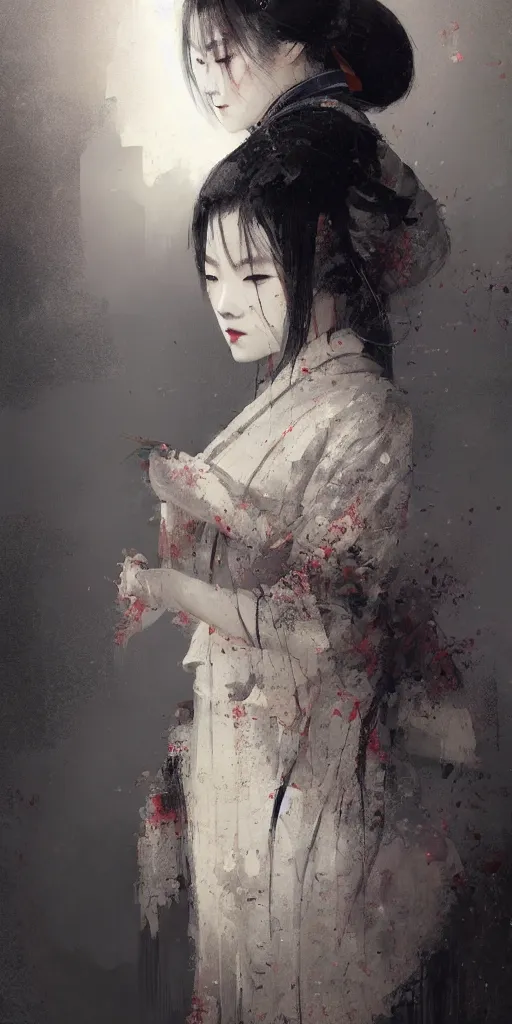 Image similar to female geisha girl, beautiful face, rule of thirds, intricate outfit, spotlight, by greg rutkowski, by jeremy mann, digital painting