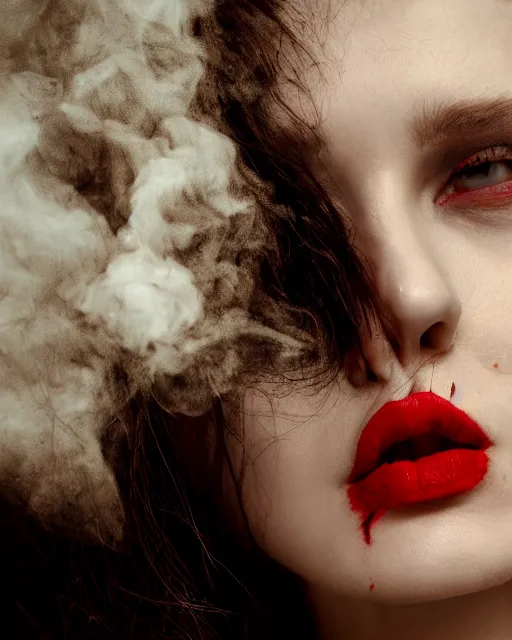 Image similar to portrait of a woman, detailed close - up, skin scars, high sharpness, zeiss lens, retro photoshoot, smoke black, red hair, snakes, red lipstick, palaroid effect, edward buba, annie leibovitz, paolo roversi, david lazar, jimmy nelsson, eiko hosoe, artistic, hyperrealistic, beautiful face, octane rendering