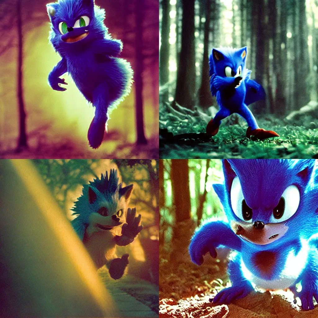 Prompt: ektachrome medium format provia film still of a sonic the hedgehog blue forest creature with fangs and claws, faded, anomorphic lens flare, creepypasta