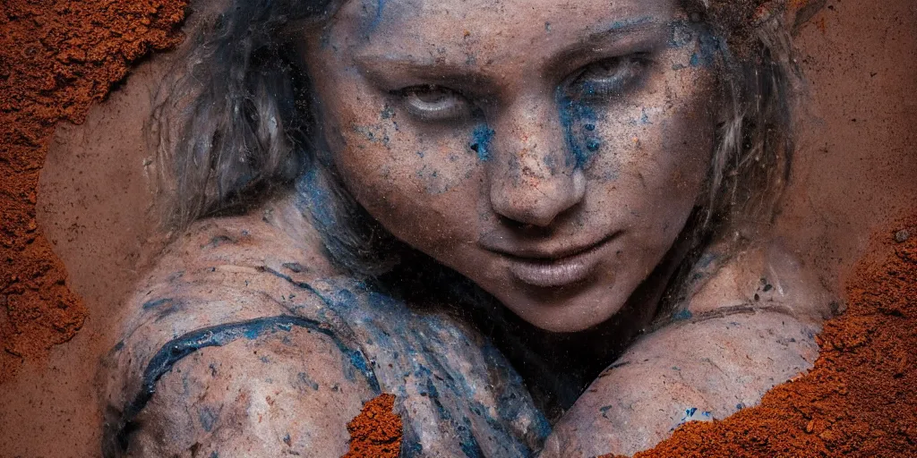 Image similar to highly detailed photography of a woman made of rust clay, raven, big rocks, hand gesture, dust particles, dirt, dramatic scene, aesthetic, dynamic lighting, masterpiece, by roberto ferri, blue background, high quality, spatula