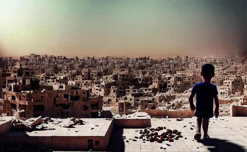 Prompt: “little boy figure lost, epic view of Hummus in Syria in destruction, sad atmosphere, ruins, heartbreaking landscape, hyperdetailed, hyperrealism, trending on artstation, award winning photograph, photorealistic, 8k, concept art, cinematographic, uhd, epic lighting”