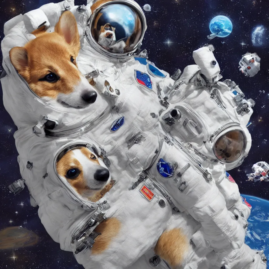 Prompt: a corgi puppy cosmonaut in space, exquisite digital illustration,