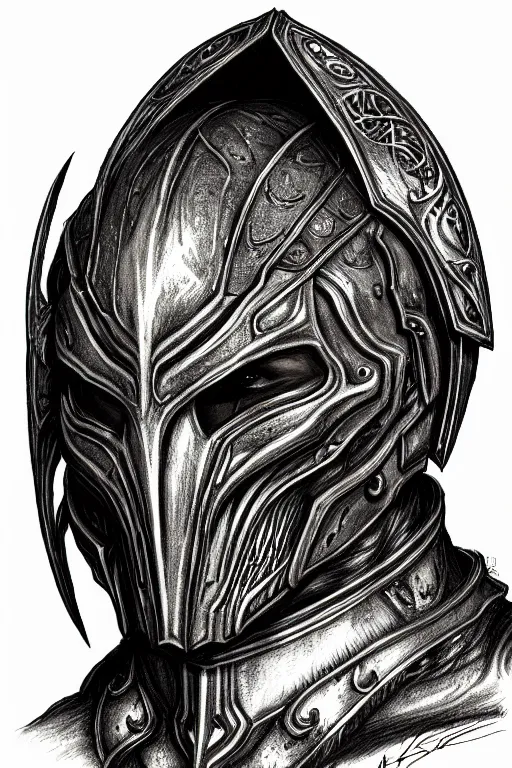 Prompt: head and shoulders portrait of an eldrich knight, drow, dark elf, shadar kai, breastplate, magical, male, high fantasy, d & d, by h. r. giger, face details, extremely detailed, digital illustration