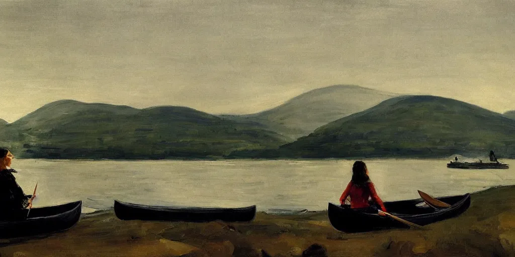 Prompt: “ a woman sitting in a canoe on the hudson river, mountains in fog background, oil painting, by george bellows ”