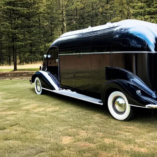 Image similar to photo of a black 1 9 3 6 chrysler airstream parked at a lake