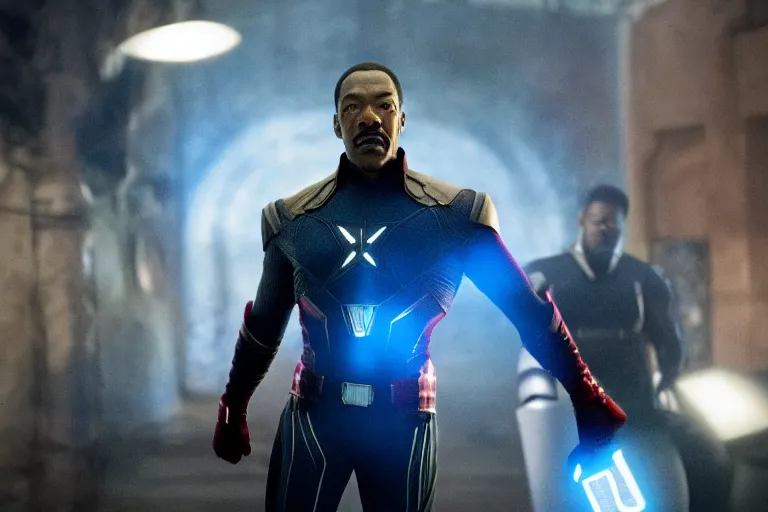 Image similar to a still of eddie murphy as an avenger, marvel superhero, cinematic lighting