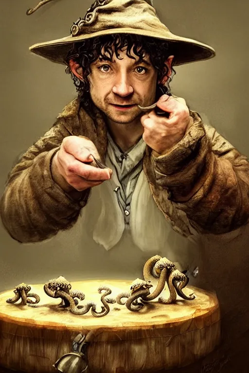 Image similar to dirty faced and very happy hobbit looking the table full of fook, hobbit is wearing a hat made of octopuss, fantasy, intricate, elegant, highly detailed, digital painting, artstation, concept art, addiction, chains, smooth, sharp focus, illustration, art by Ilja Repin