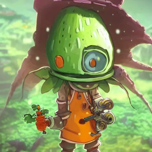 Image similar to robot made of vegetables with big avocado head and a carrot sword, made in abyss style