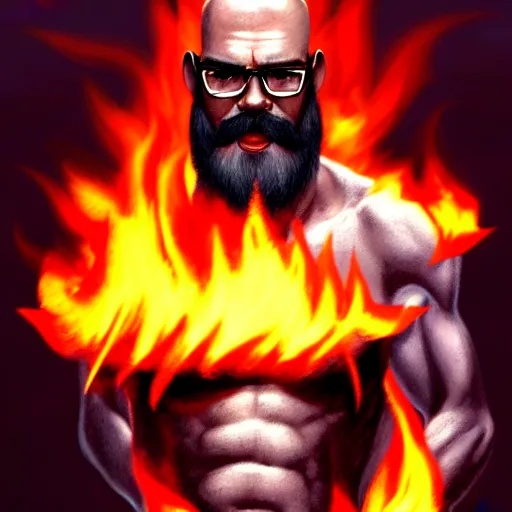 Image similar to bald boxer with chest tattoos with van dyke black beard on fire, digital art, cinematic, concept art, 8k, painting, imaginefx, cgsociety, syd mead, trending on artstation, wide shot, full shot