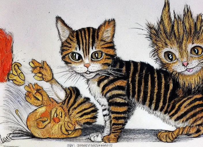 Image similar to a small ginger tabby cat by dr. seuss and louis wain