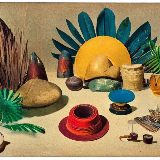 Image similar to An offset photography of a composition of five object on display, colors, (anthropology of wonder), ((((exotic artifacts)))), bauhause, tropicalism, (colonial expedition), exhibition print, 60s style