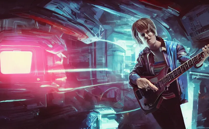 Prompt: found footage of marty mcfly playing a futuristic guitar, in liminal space, cyberpunk, film grain, dark lighting, realistic, photgraph, silent hill style, detailed cinematic lighting