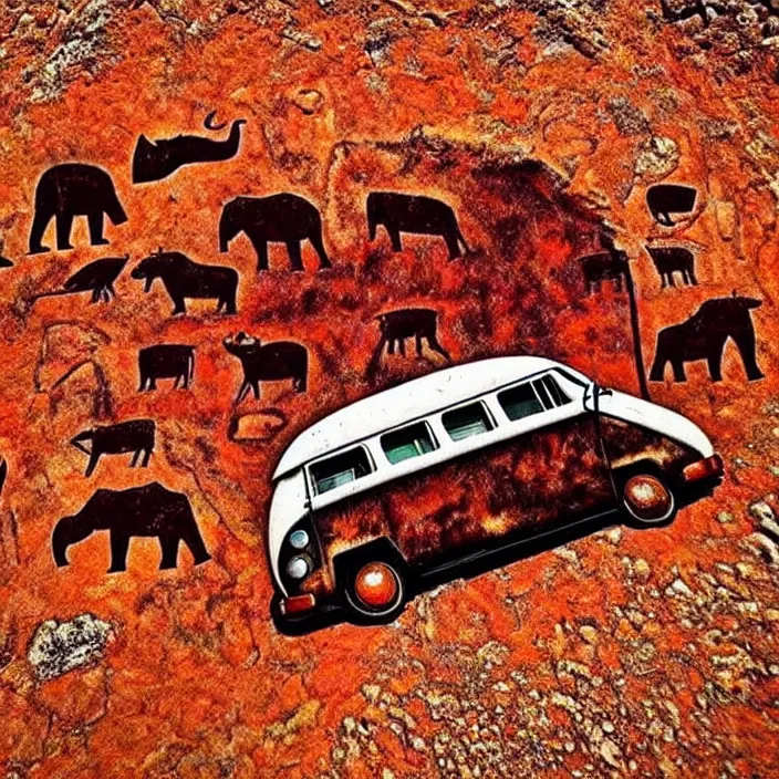 Prompt: picture of ancient vw bus, mammoths and hunters, ancient prehistoric rock art in a cave style, red ocher paint