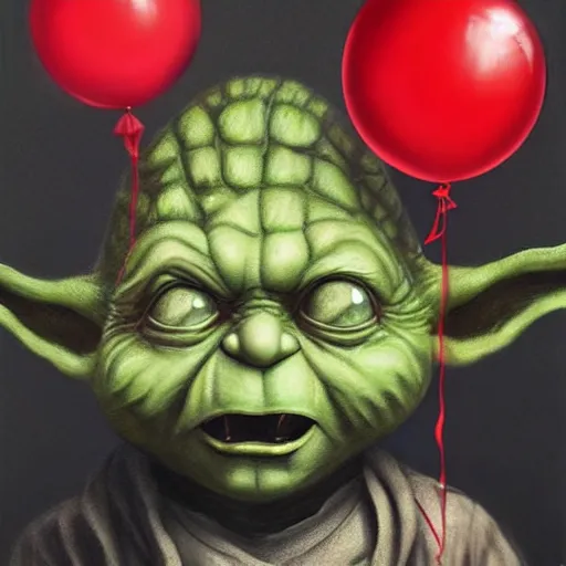 Prompt: surrealism grunge cartoon portrait sketch of yoda with a wide smile and a red balloon by - michael karcz, loony toons style, freddy krueger style, horror theme, detailed, elegant, intricate