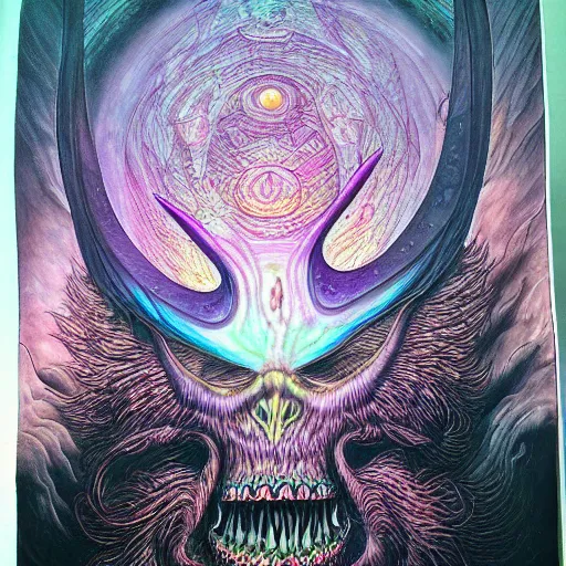 Prompt: marduk, devourer of worlds, detailed airbrush ink art in dark and muted colors art by moebius on dmt and shrooms