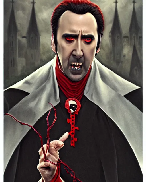 Prompt: nicolas cage as dracula, dogtooth, highly detailed, centered, artstation, concept art, smooth, sharp focus, illustration, bokeh art by artgerm and donato giancola and joseph christian leyendecker