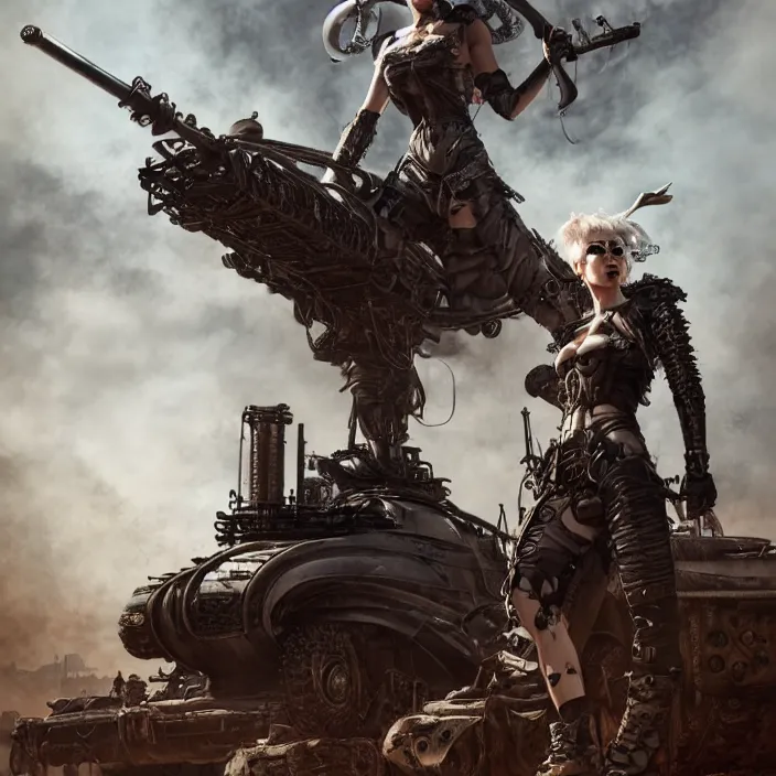 Image similar to beautiful apocalyptic woman with Mohawk, standing on mad max panzer tank, hyper-detailed, smooth, sharp focus, 4k ultra hd, fantasy dark art, tank girl, artgerm, artstation, octane render, elegant, detailed digital painting, apocalyptic art