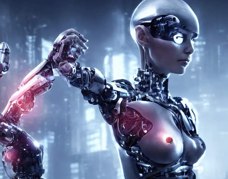 Image similar to a cyborg girl fixing her detached arm, cyberpunk, realistic fingers, realistic body, realistic clothing, beautiful texture, beautiful graphics, fantasy artwork, very beautiful scenery, hd, hdr, ue 5, ue 6, unreal engine 5, cinematic 4 k wallpaper, 8 k, ultra detailed