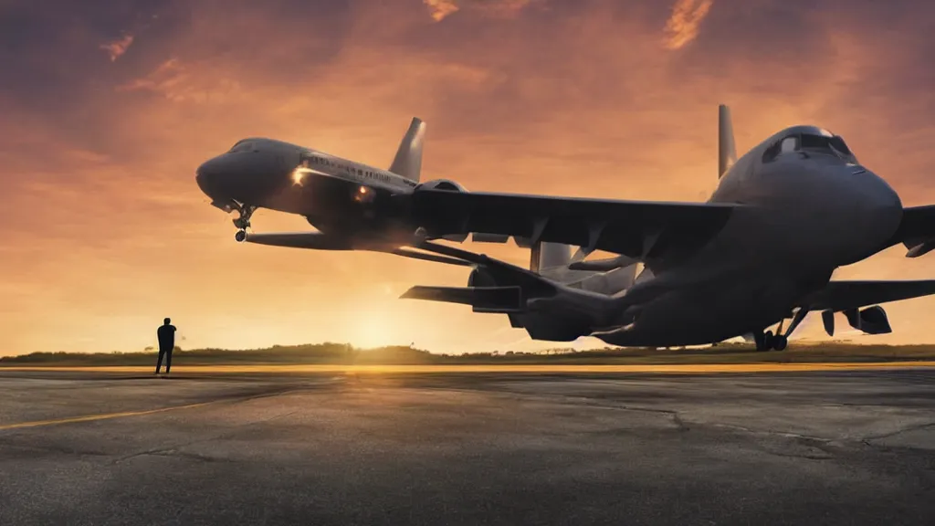 Prompt: movie still of a man crouched on top of a car chasing a passenger jet down the runway of an airport, sunset, golden hour, dramatic