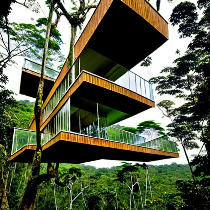 Prompt: cantilevered treehouse in the amazon jungle