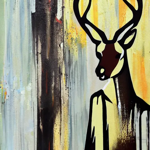 Image similar to deer smoking a cigarette, stylized, artistic, expressive, contrasting colors, rule of thirds, dripping paint, thick strokes