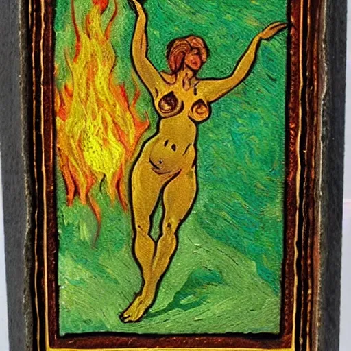 Prompt: a tarot card with green fire. attractive bikini babes made of fire dance around a masculine figure made of death. oil painting with a decorative border, 3 x 5 in size, in the style of van gogh