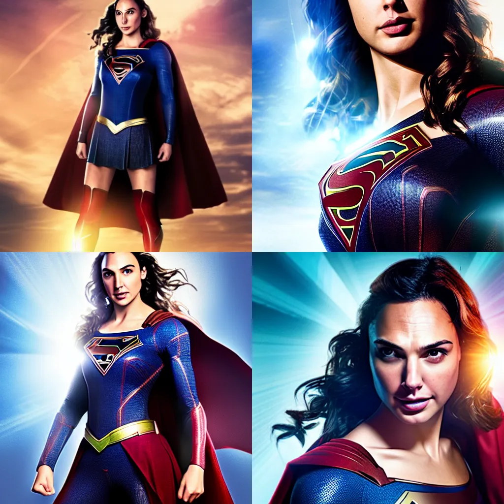 Prompt: a portrait of Gal Gadot as Supergirl, photo realistic, dynamic lighting, volumetric lighting