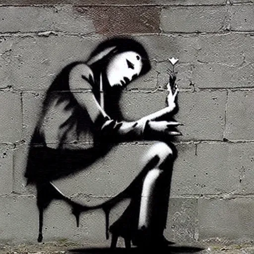 Image similar to exploding heart in several pieces, sadness, dark ambiance, by Banksy