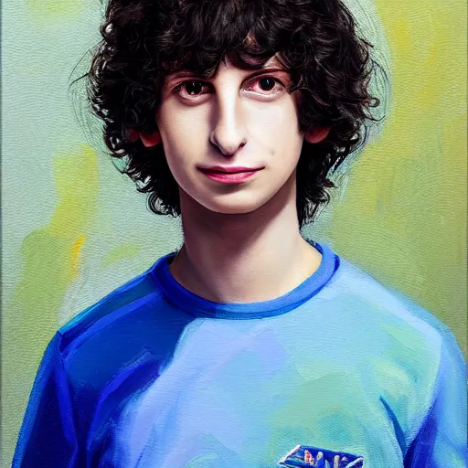 Image similar to a portrait of finn wolfhard as a robot, oil painting, pale colors, high detail, 8 k, wide angle, trending on artstation,