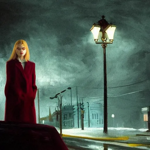 Image similar to Elle Fanning in hell at night in the world of Edward Hopper, stormy snowy weather, streetlights, extremely detailed masterpiece, oil on canvas, low-key neon lighting, artstation, Blade Runner 2049, Roger Deakin’s cinematography, by J. C. Leyendecker and Peter Paul Rubens,