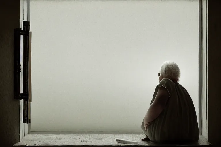 Prompt: a cinematic painting of an old female prisoner inside of jail cell looking out of a window onto a beautiful serene landscape, beautiful lighting, high depth, ultra realistic, artistic, by annie leibovitz, by hendrik kerstens