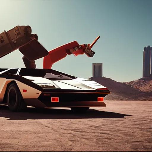 Prompt: cyberpunk version of lamborghini countach fitted with robotic enhancements driving along route 66 in the desert, highly detailed, sharp focus, photorealistic,4k