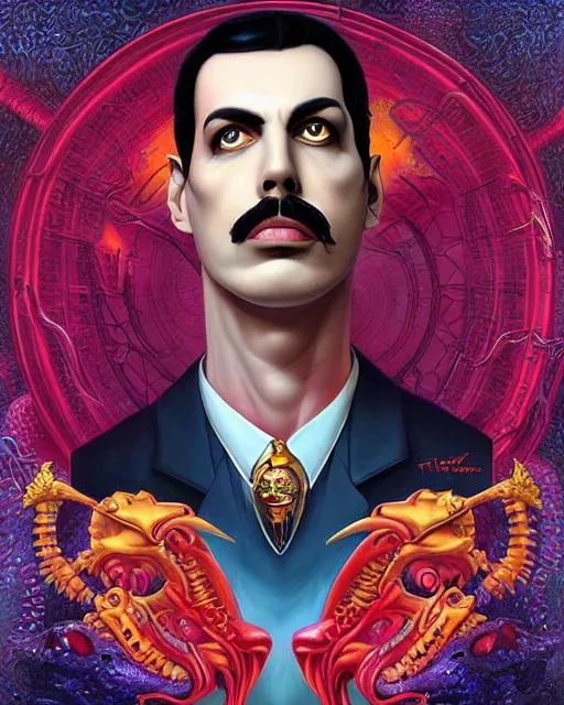 Image similar to lovecraft lovecraftian portrait of freddie mercury, pixar style, by tristan eaton stanley artgerm and tom bagshaw, retro future