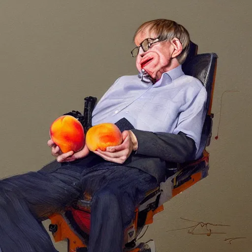 Image similar to stephen hawking eating a peach delicious food art greg rutkowski james gurney