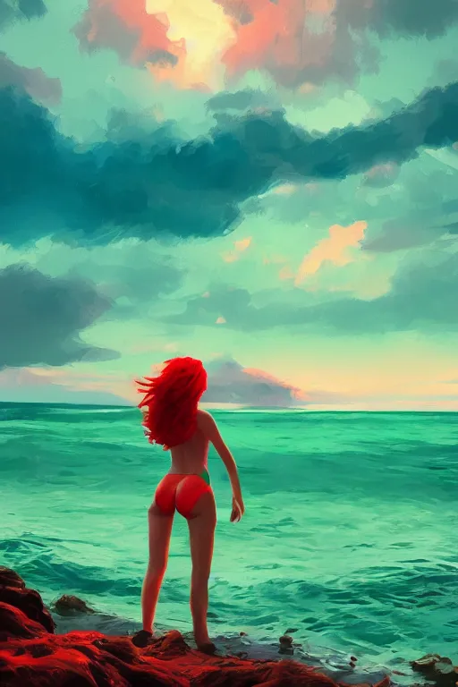 Prompt: red haired girl, green bikini, beach surreal photography, sunrise, dramatic light, impressionist painting, colorful clouds, digital painting, artstation, simon stalenhag raytracing