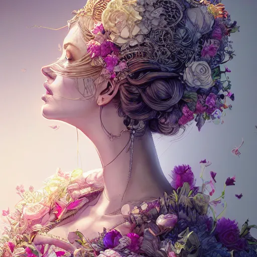 Image similar to the portrait of an absurdly beautiful, graceful, elegant, chaste woman made of petals looking up, an ultrafine detailed illustration by kim jung gi, irakli nadar, intricate linework, bright colors, octopath traveler, final fantasy, angular, unreal engine 5 highly rendered, global illumination, radiant light, detailed and intricate environment