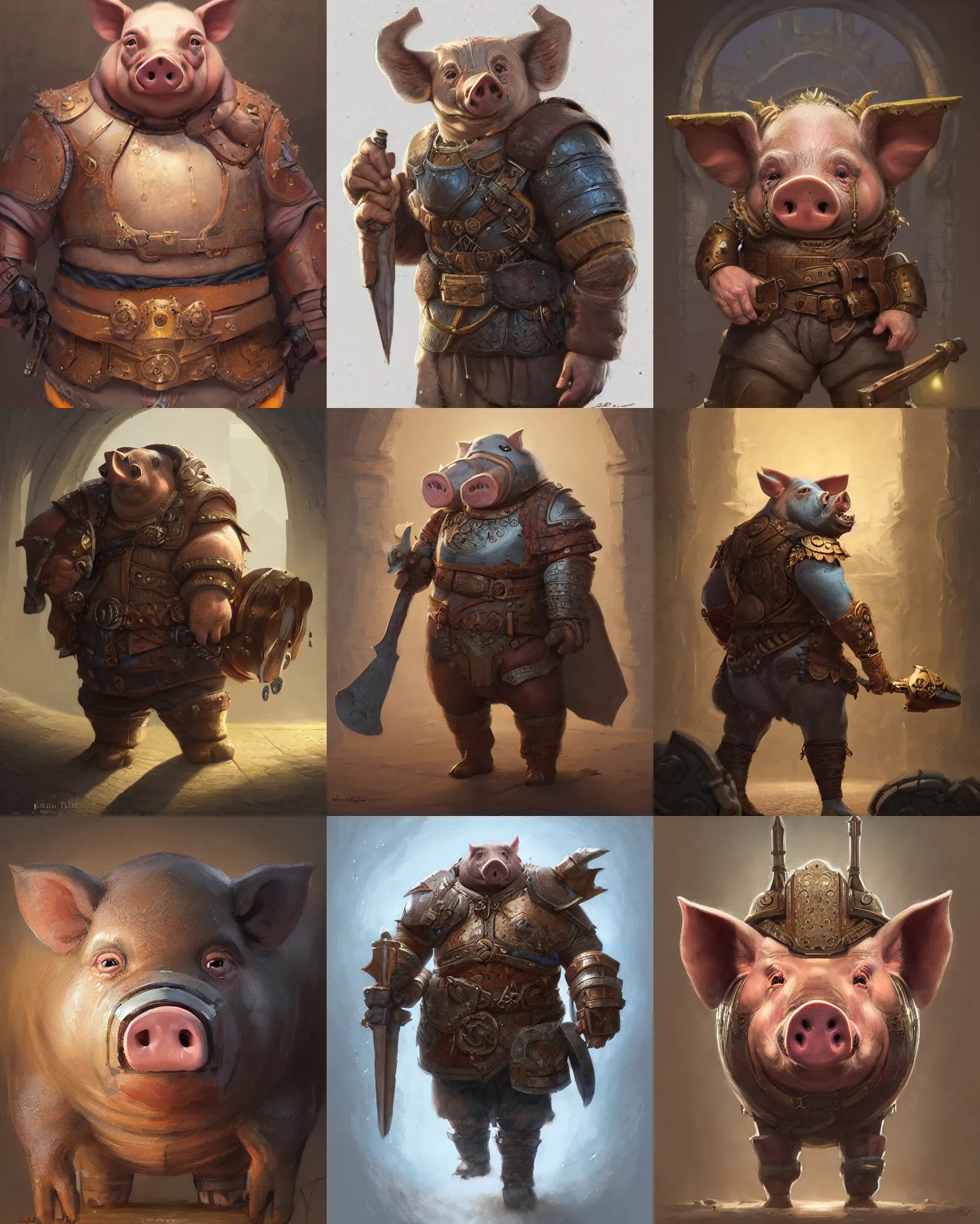 Prompt: symmetrical, a detailed painting of a pig with hammer dressed with a leather armor, by justin gerard and greg rutkowski, digital art, realistic painting, dnd, character design, trending on artstation