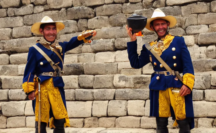Image similar to smiling spanish conquer soldier holding golden cup on a inca temple