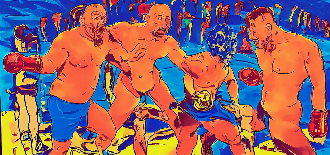 Image similar to Sam Hyde sparring with Joe Rogan but they are lost in a David Lynch movie, Mike Judge art style, 90's mtv illustration, surrealism, clean linework, vivid complementary colors