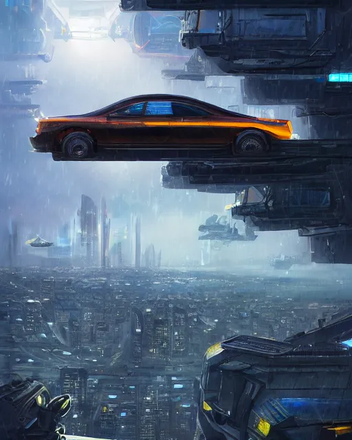 Prompt: solarpunk vehicle above a city, scifi, futuristic, bright light, highly detailed, concept art, sharp focus, trending on artstation, intricate, atmosphere, raining, art by roman makarenko, dzung phung dinh